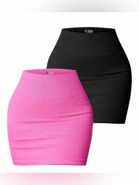 NWOT OQQ 2-Pieces Ribbed Stretch Mini Skirts Duo - Pink & Black
